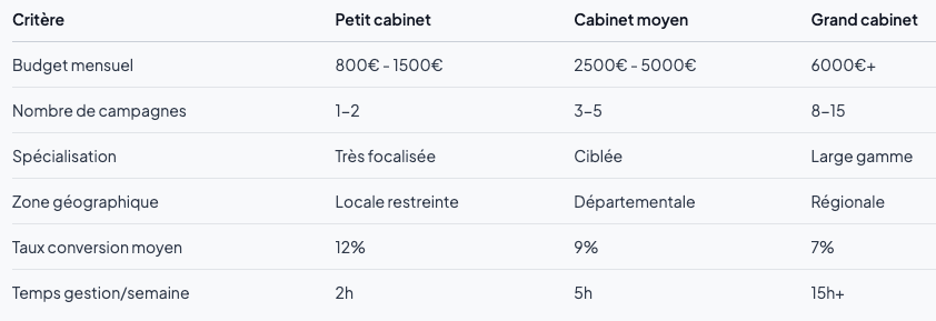 Ce tableau synthétise les différences structurelles entre approches. Les petits cabinets compensent leur budget limité par une focalisation intense. Les grandes structures misent sur la puissance financière et l’équipe dédiée.